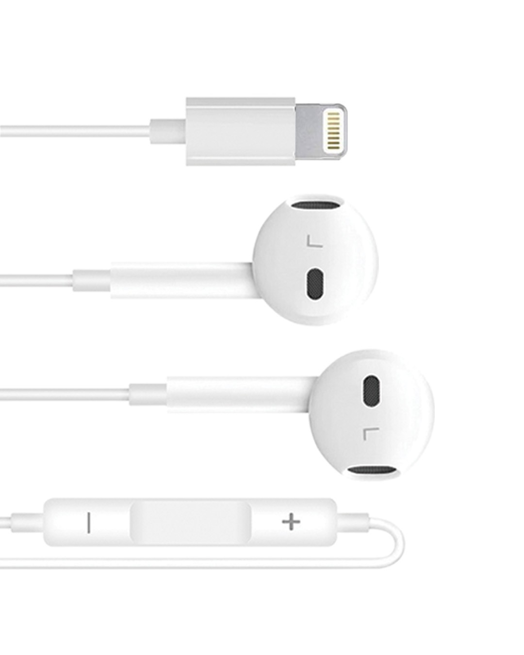 GRABIT GSH-300 wired stereo earphones with Apple Lightning connector, 14mm dynamic drivers, HD microphone, 3-button remote, Siri support, and a 1-year replacement warranty.